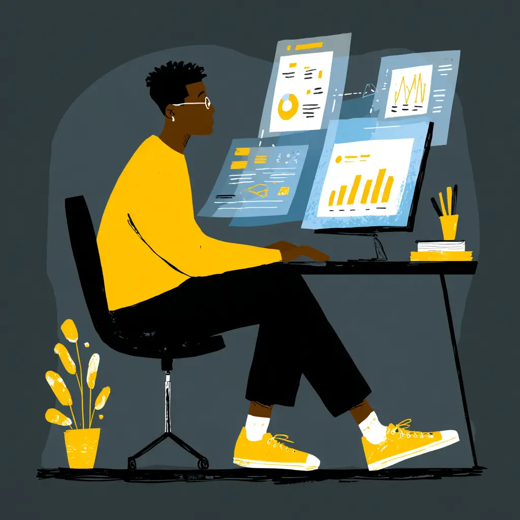 Person vor vier Bildschirmen